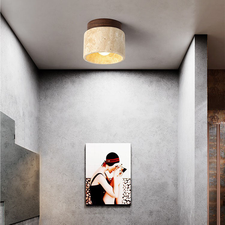 Modern Minimalist Cylinder Oval Dish Yellow Travertine 1-light Semi-flush Mount Ceiling Light for Living Room
