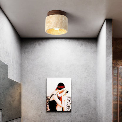Modern Minimalist Cylinder Oval Dish Yellow Travertine 1-light Semi-flush Mount Ceiling Light for Living Room