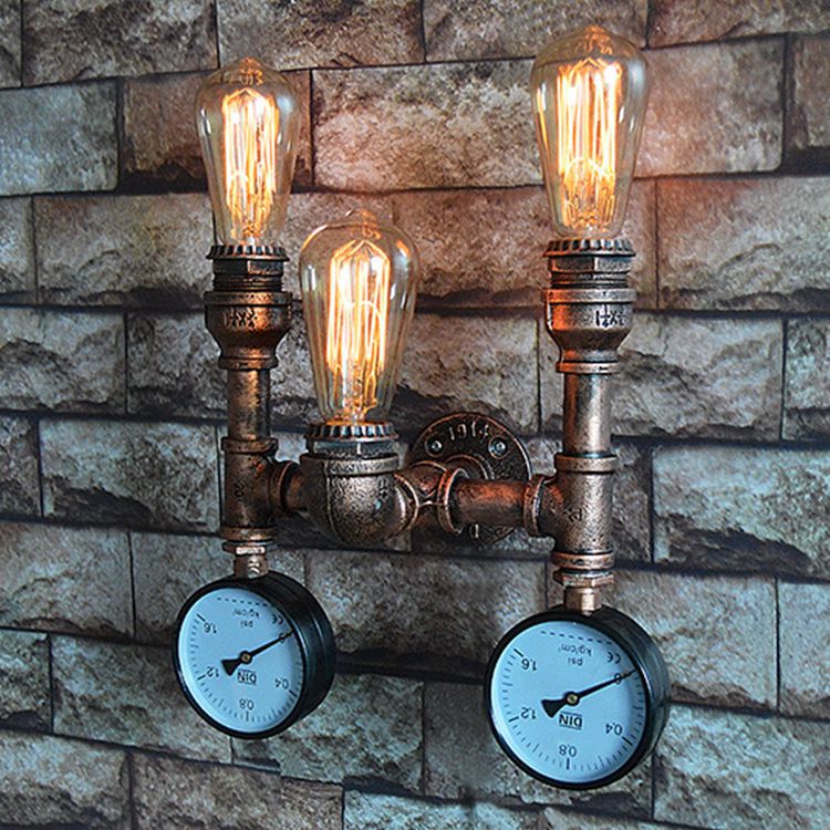 Traditional Vintage Iron Pipe Water Meter 3-Light Wall Sconce Lamp For Living Room Lumendat