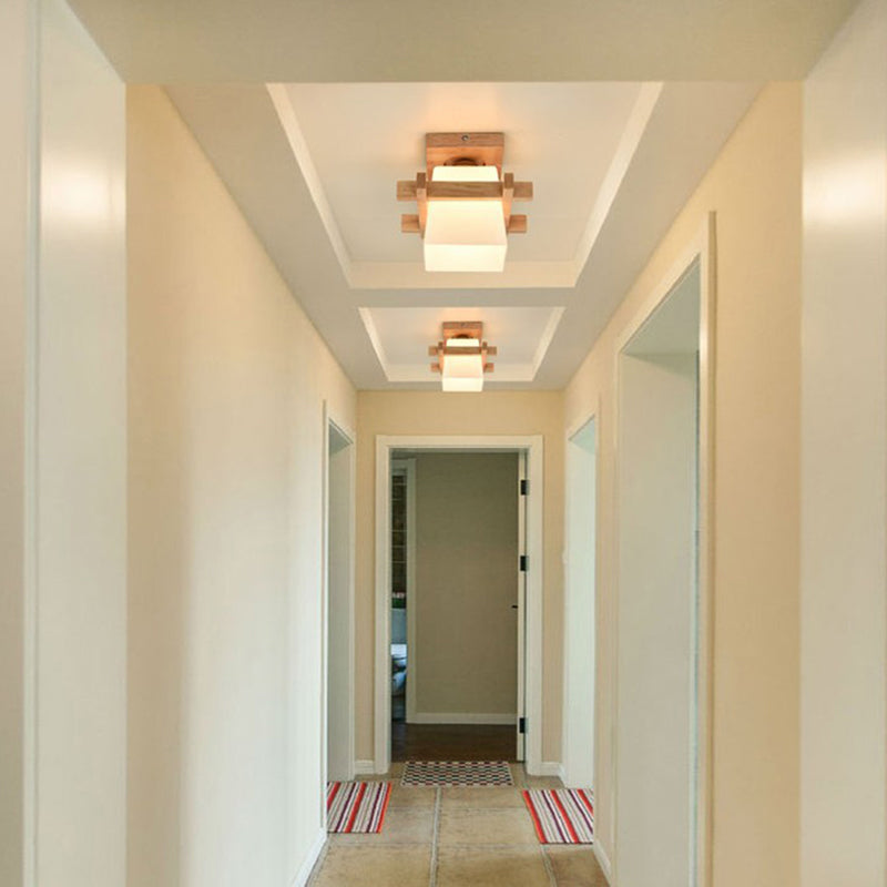 Traditional Japanese Wood Frame Glass Column 1-light Semi-flush Mount Ceiling Light for Living Room