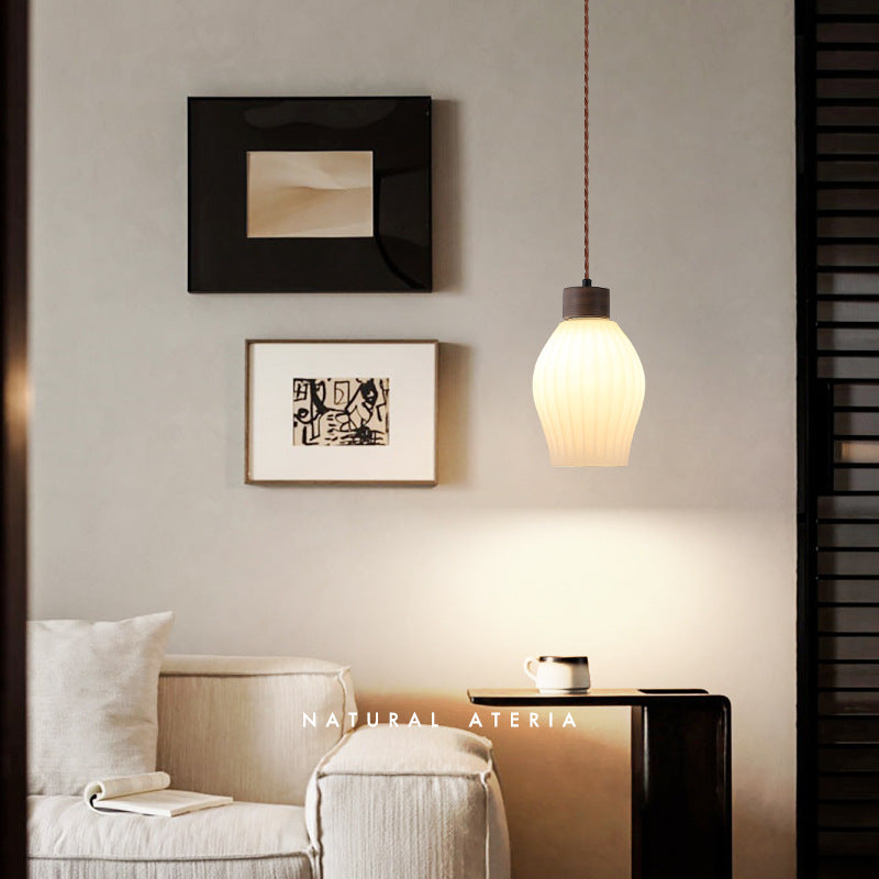Traditional Japanese Walnut Glass Ball Round Bottle Ribbed 1-light Pendant Light for Dining Room