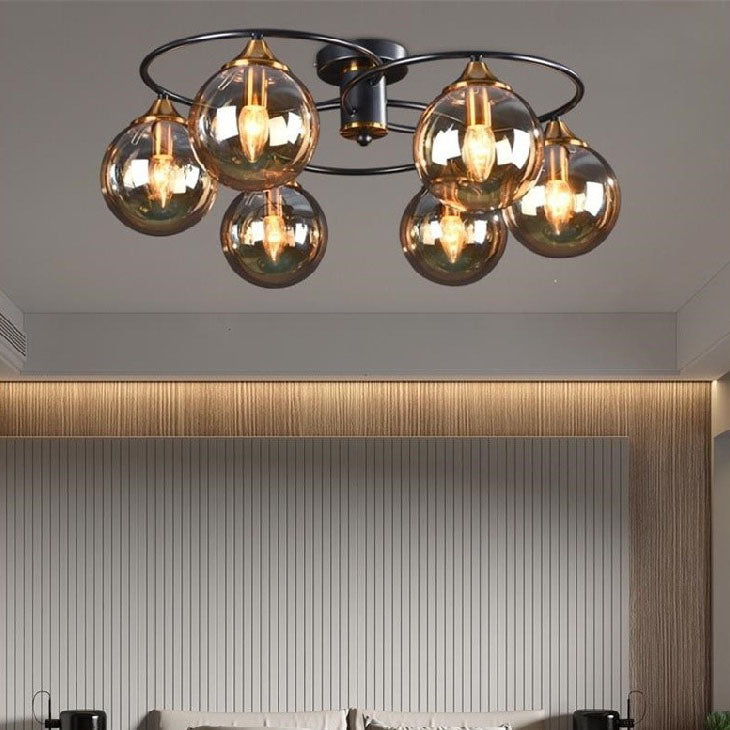 Modern Mid-Century Iron Frame Magic Bean Glass Shade 4/6-Light Semi-Flush Mount Ceiling Light For Living Room Lumendat