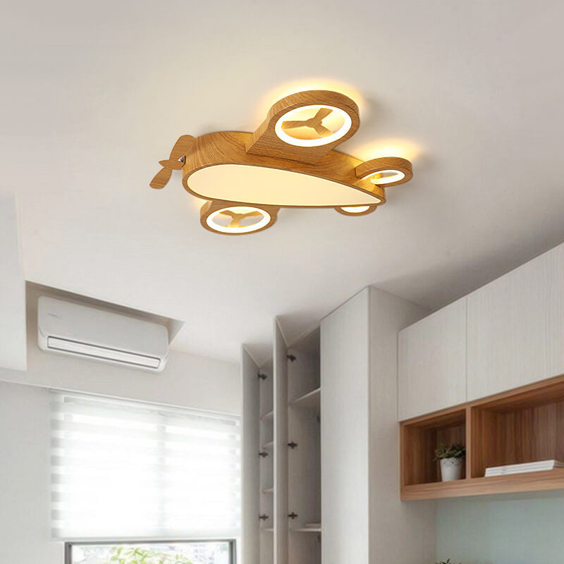 Cartoon Creative Wood Grain Aircraft LED Kids Flush Mount Ceiling Light BulbSquare