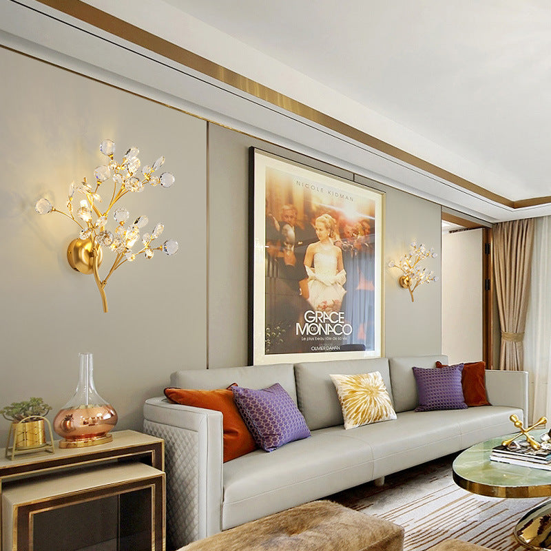 Modern Luxury Crystal Floral Branch Iron 3-Light Wall Sconce Lamp For Living Room