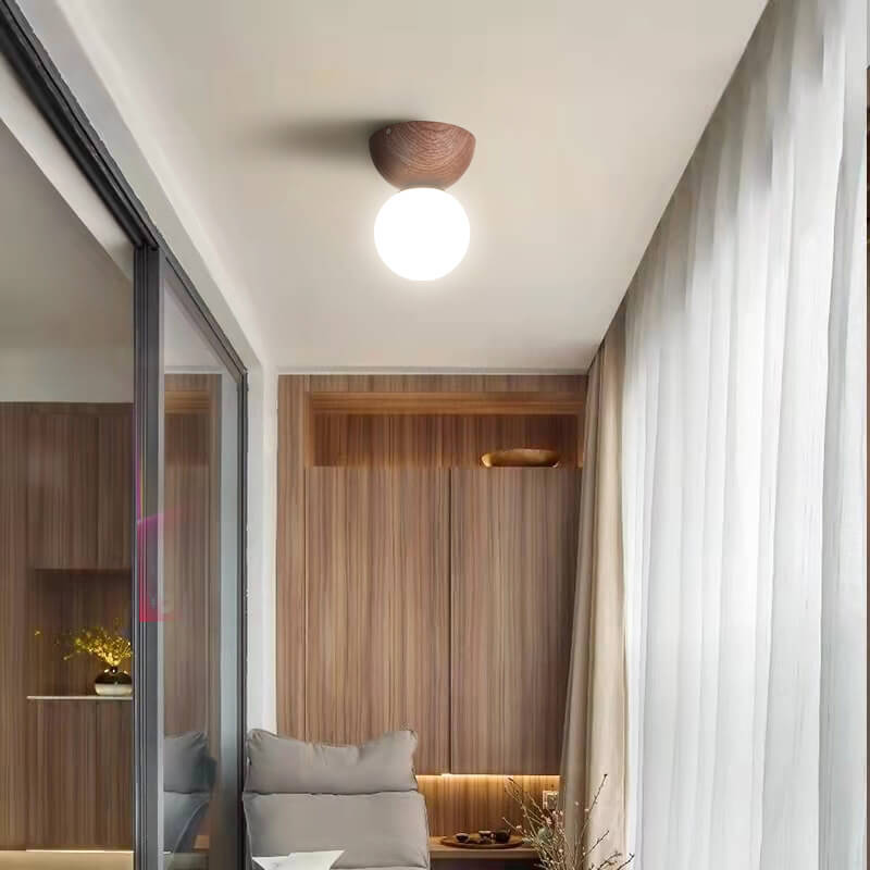 Japanese Minimalist Wood Grain Glass Round 1-Light Flush Mount Ceiling Light Lumendat
