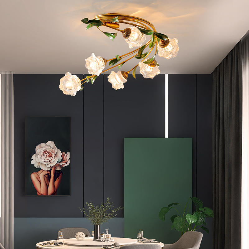 Traditional French Floral Iron Glass 6-light Flush Mount Ceiling Light for Living Room