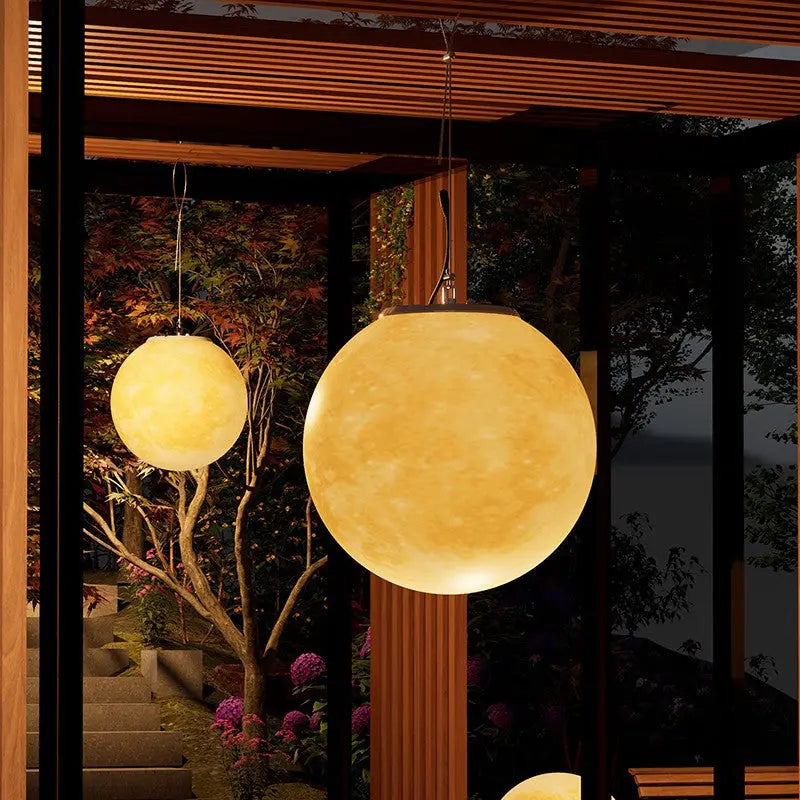 Contemporary Nordic Solar Waterproof Pe Resin Round Moon LED Pendant Light for Outdoor Patio Lumendat