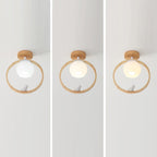 Traditional Japanese Wood Circle Ring Glass Ball Shade Bird 1-Light Semi-Flush Mount Ceiling Light For Living Room