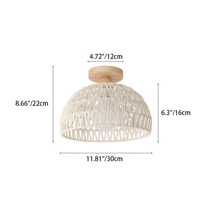 Traditional Japanese Half Round Solid Wood Rattan 1-light Semi-flush Mount Ceiling Light for Living Room