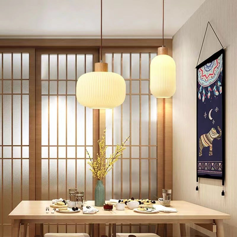 Traditional Japanese Log Solid Wood Strip Glass Jar 1/2/3 Light Island Pendant Light For Living Room Lumendat