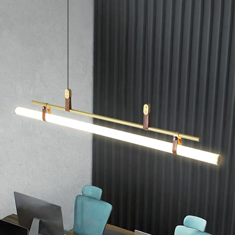 Modern Minimalist Long Strip Iron Acrylic Faux Leather LED Island Light Chandelier For Living Room & Dining Room Lumendat