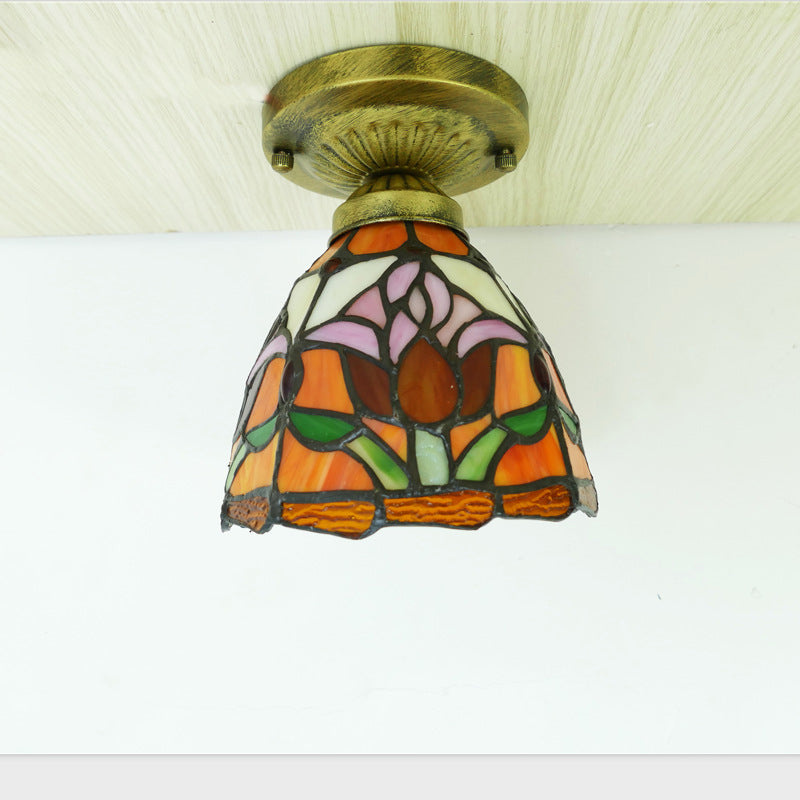Traditional Tiffany Tulip Stained Glass Iron Dome 1-light Semi-flush Mount Ceiling Light for Living Room
