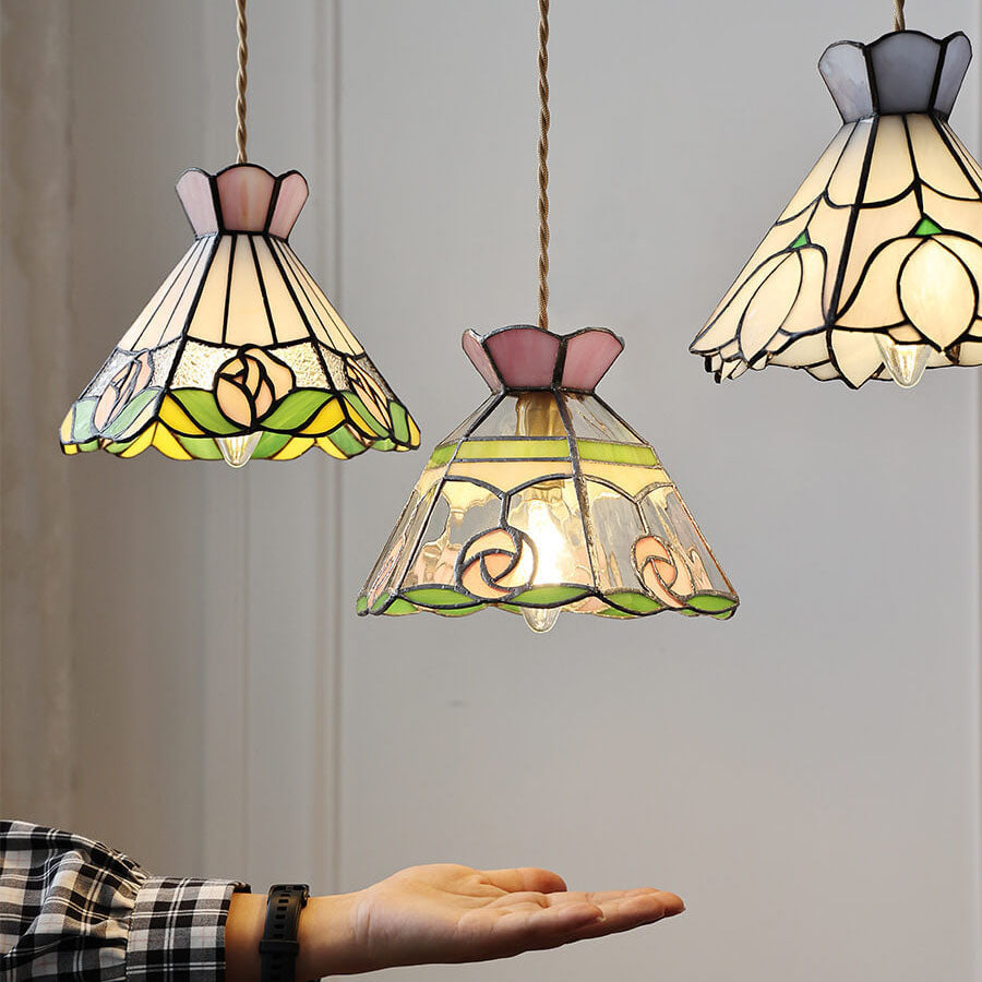 Vintage Tiffany Rose Flower Conical Stained Glass 1-light Pendant Light BulbSquare