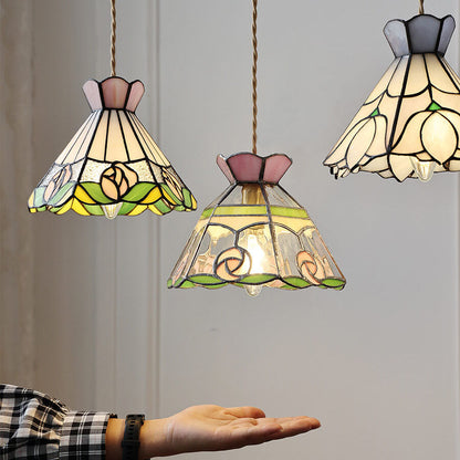 Vintage Tiffany Rose Flower Conical Stained Glass 1-Light Pendant Light