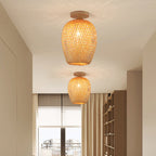 Modern Chinese Bamboo Woven Cylinder 1-Light Semi-Flush Mount Ceiling Light For Living Room