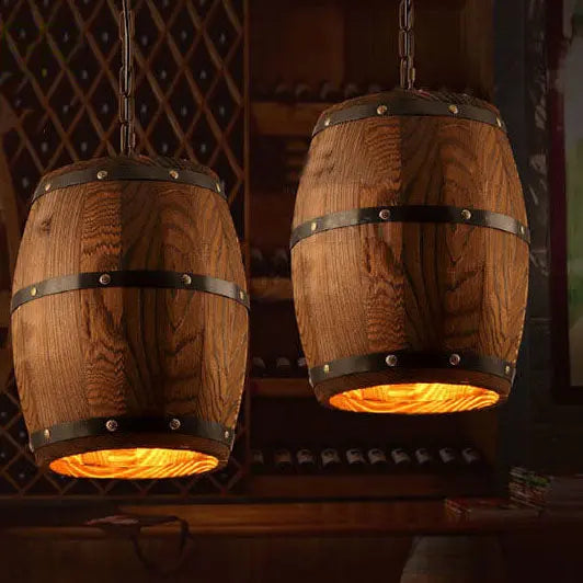 Traditional Rustic Round Wooden Wine Barrel 1-light Single Barrel Pendant Light for Dining Room Lumendat
