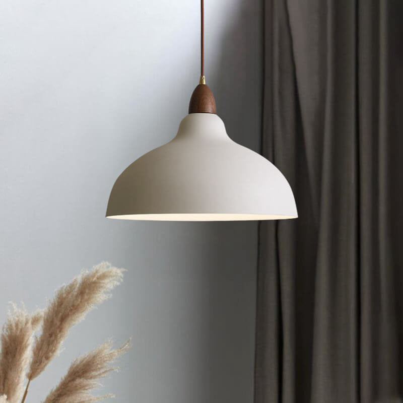 Japanese Simple Iron Dome Solid Wood Top 1-light Pendant Light BulbSquare
