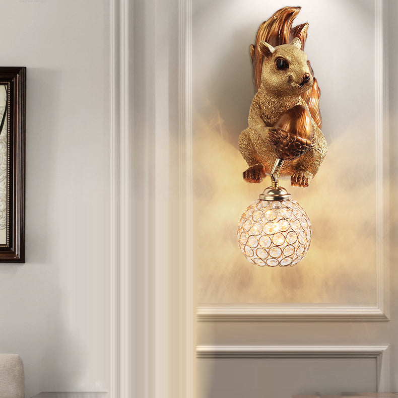 Lumendat Traditional European Kids Squirrel Ball Crystal Resin 1-Light Wall Sconce Lamp For Bedside Lumendat