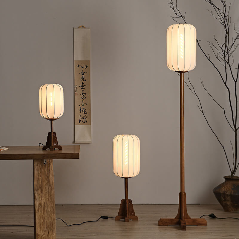 Japanese Zen Rosewood Base Silk Lantern Shade 1-Light Standing Floor Lamp Lumendat