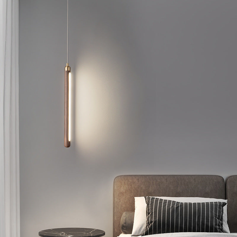 Modern Minimalist Linear Wood Copper Acrylic LED Pendant Light for Bedroom