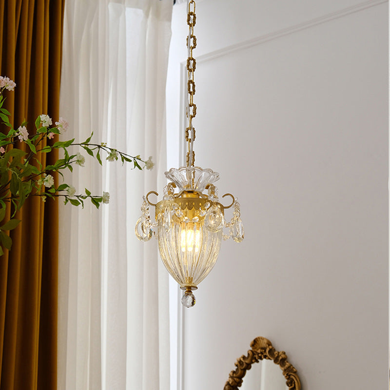 Traditional French Lantern Carved Copper Crystal 1-light Pendant Light for Living Room
