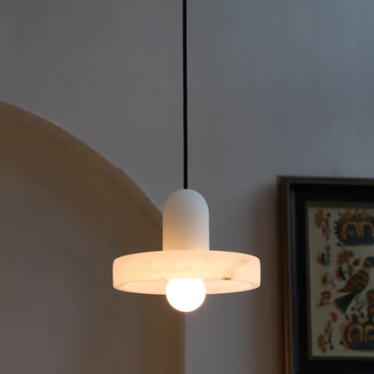 Traditional Chinese Marble Round Shade Brass 1-light Pendant Light for Living Room
