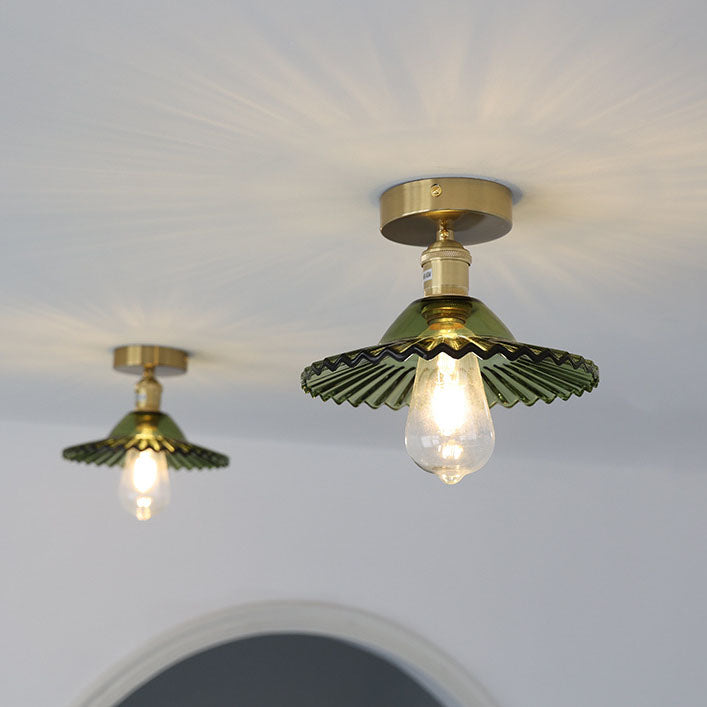 Japanese Vintage Glass Brass Lotus 1-Light Semi-Flush Mount Ceiling Light Lumendat