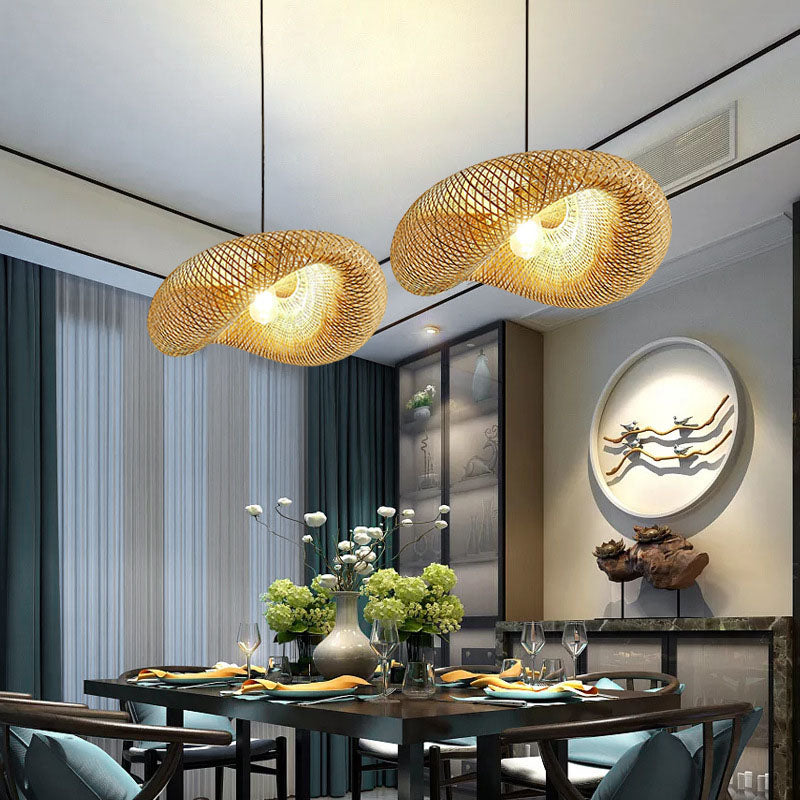 Traditional Japanese Straw Hat Bamboo Weaving Iron 1-light Pendant for Dining Room