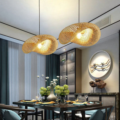Traditional Japanese Straw Hat Bamboo Weaving Iron 1-light Pendant for Dining Room