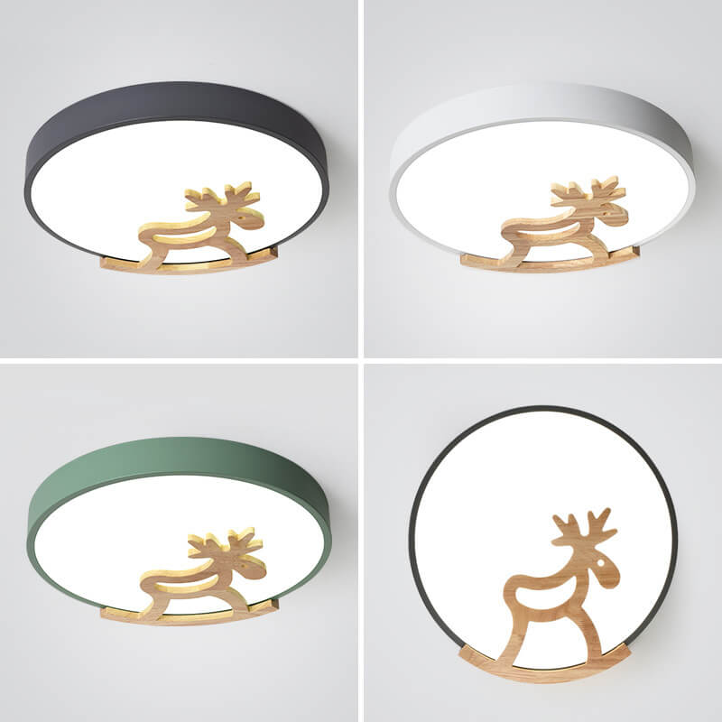 Lumendat Macaron Creative Wooden Horse Shape Round LED Kids Flush Mount Ceiling Light Lumendat