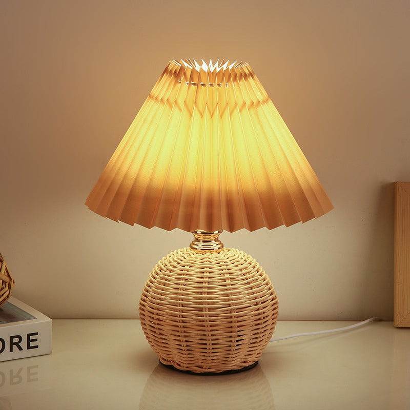 Contemporary Nordic Rattan Fabric Pleated Conic Ball LED Table Lamp For Bedroom Lumendat