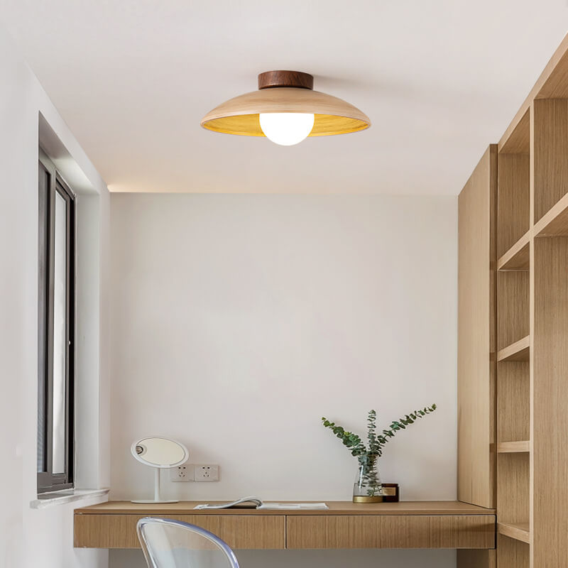 Japanese Wabi-sabi Faux Woodgrain Flying Saucer Design 1-light Semi-flush Mount Ceiling Light