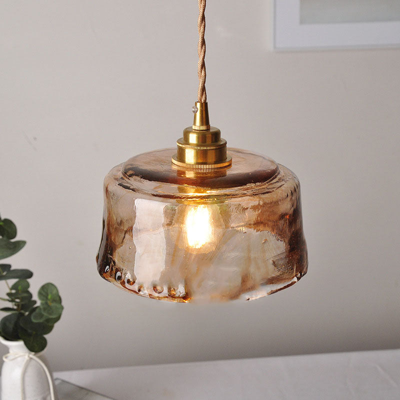 Traditional Vintage Amber Drum Round Glass Brass 1-Light Pendant Light For Living Room Lumendat