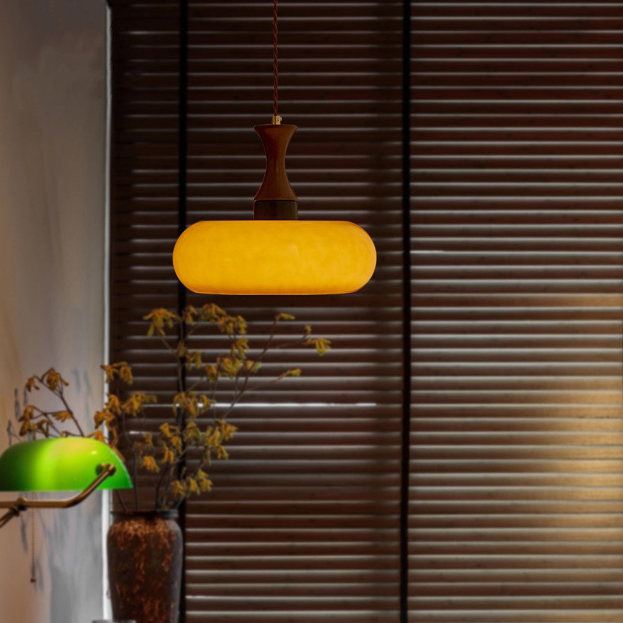 Contemporary Retro Wood Iron Glass Drum Round 1-light Pendant Light for Dining Room