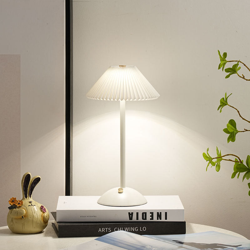 Contemporary Scandinavian Rechargeable Iron Fabric Conic Pleated 1-Light Table Lamp For Bedside Lumendat