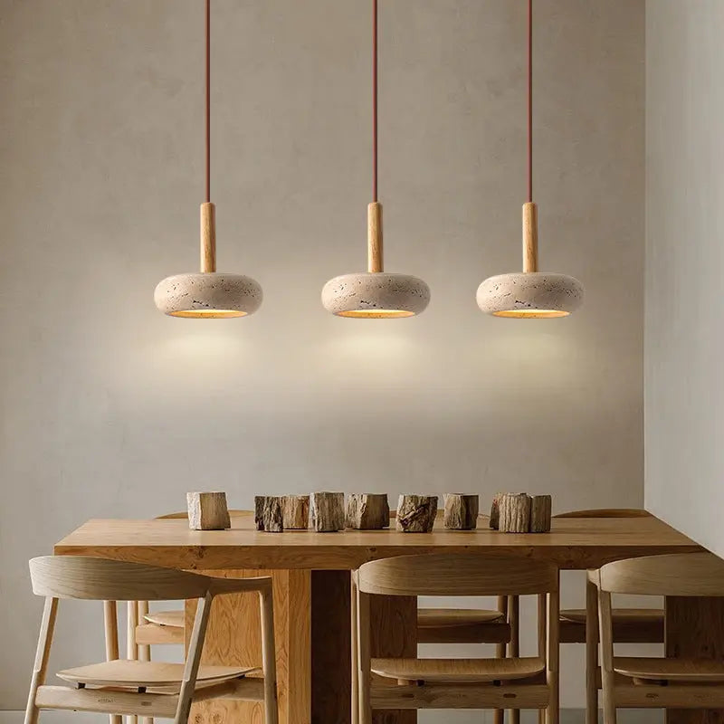 Traditional Japanese Round Wood Yellow Travertine LED Pendant Light for Bedroom Lumendat