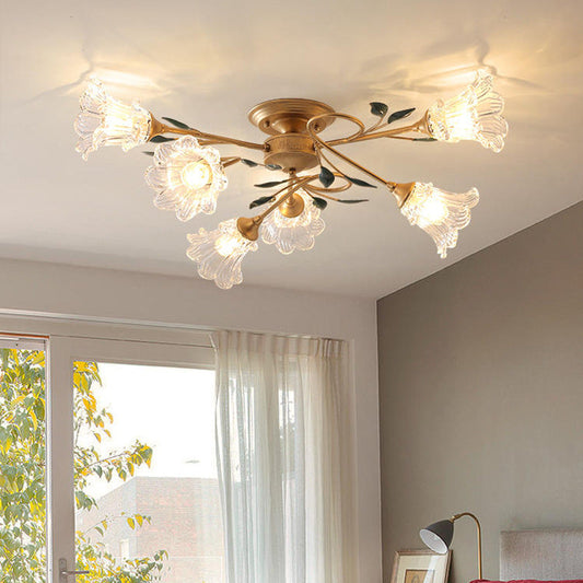 Traditional European Floral Iron Glass 6/8/10 Light Semi-flush Mount Ceiling Light for Bedroom