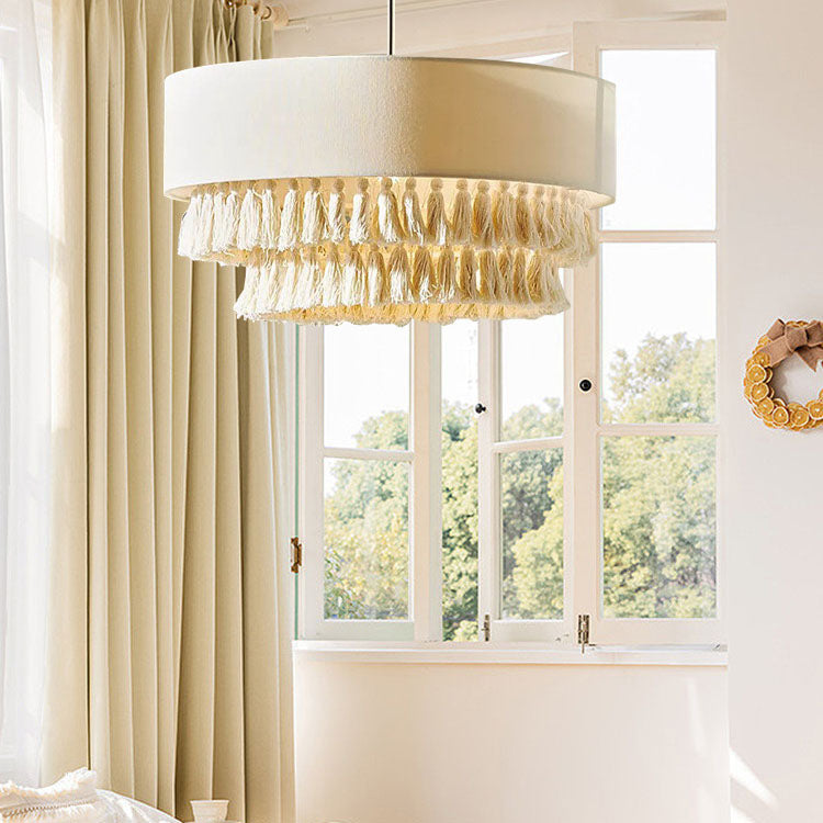 Contemporary Boho Fabric Cylinder Shade Tassel Braided Rope 3-light Chandelier for Living Room BulbSquare