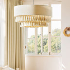 Contemporary Boho Fabric Cylinder Shade Tassel Braided Rope 3-light Chandelier for Living Room BulbSquare