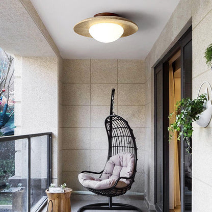 Japanese Minimalist Round Yellow Travertine Shade 1-light Semi-flush Mount Ceiling Light