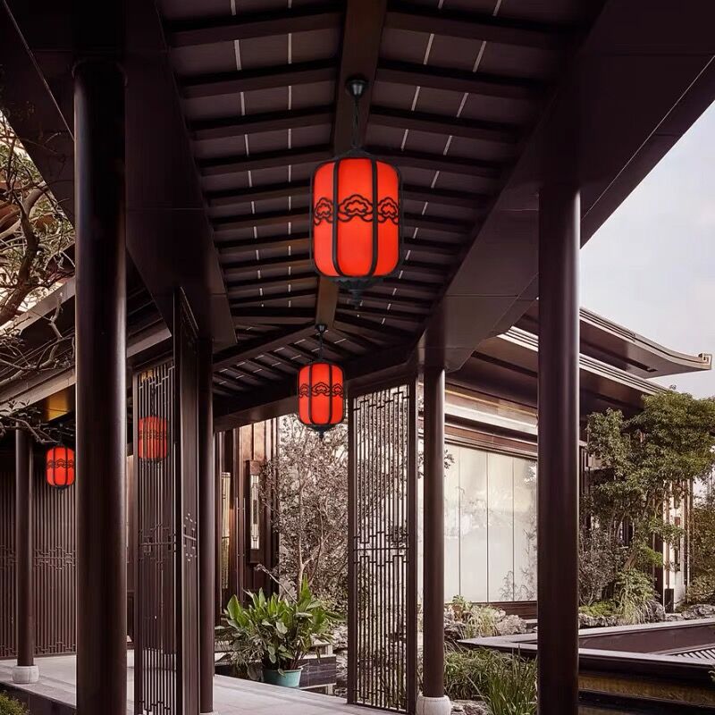 Traditional Chinese Imitation Marble Lantern Shade Aluminum 1-light Waterproof Pendant Light for Outdoor Patio