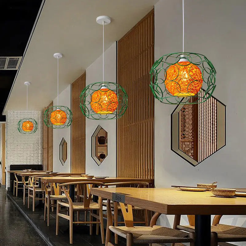 Modern Minimalist Weaving Hemp Ball Iron Drum 1-light Pendant Light for Living Room BulbSquare