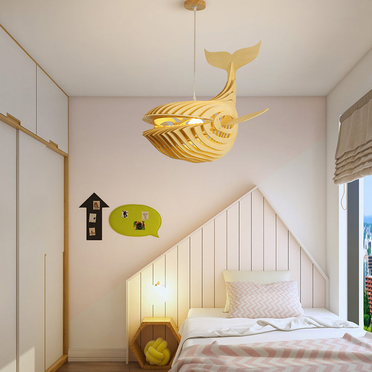 Traditional Chinese Whale Wood 1-light Pendant Light for Dining Room