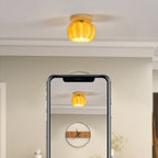 Contemporary Creative Pumpkin Solid Wood Resin Fiberglass 1-Light Semi-Flush Mount Ceiling Light For Living Room