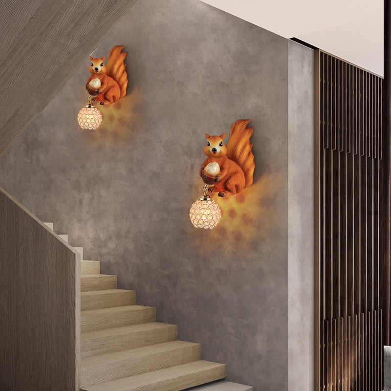 Lumendat Traditional European Kids Squirrel Ball Crystal Resin 1-Light Wall Sconce Lamp For Bedside Lumendat