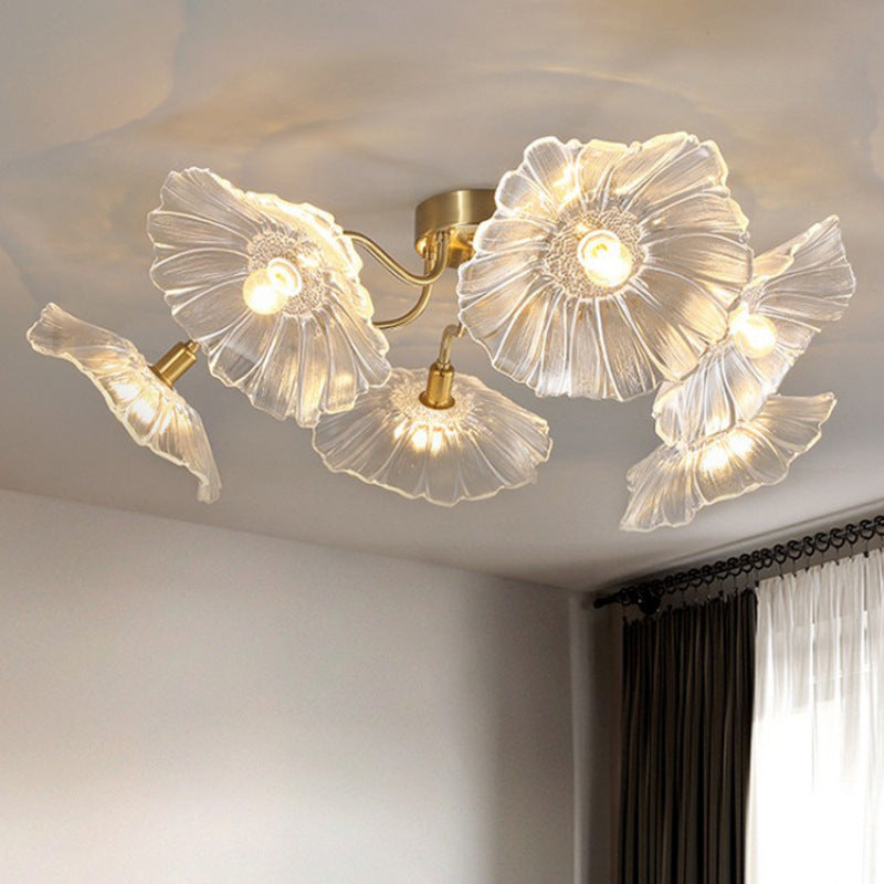Traditional Vintage Gold Finish Frame Flower Glass Shade 6-light Semi-flush Mount Ceiling Light for Bedroom