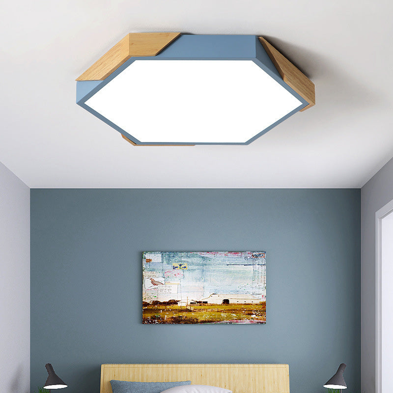 Contemporary Scandinavian Hexagonal Wood Grain Iron LED Flush Mount Ceiling Light for Bedroom