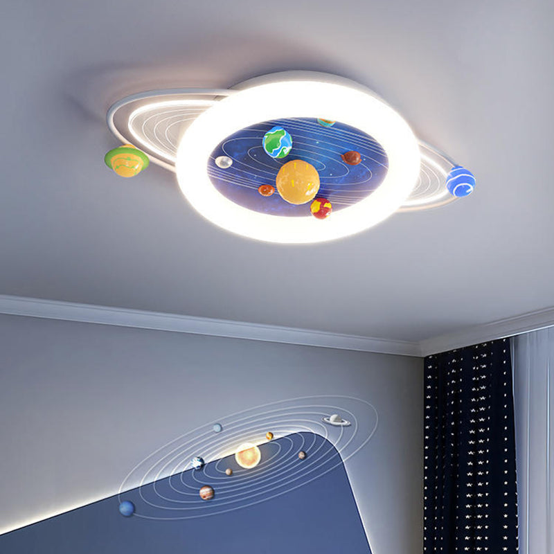 Modern Minimalist Children Round Planet Iron Resin Acrylic LED Flush Mount Ceiling Light for Bedroom