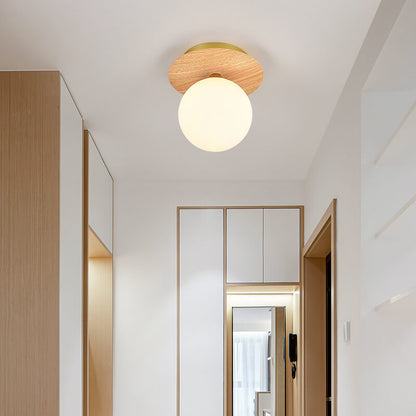 Japanese Minimalist Glass Iron Woodgrain 1-light Semi-flush Mount Ceiling Light