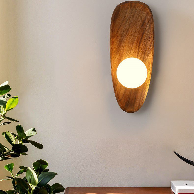 Traditional Japanese Irregular Oval Plate Wood Glass LED Wall Sconce Lamp For Bedroom Lumendat